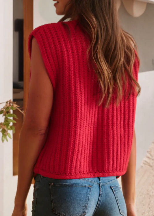 Red Knit Buttoned Sweater Vest