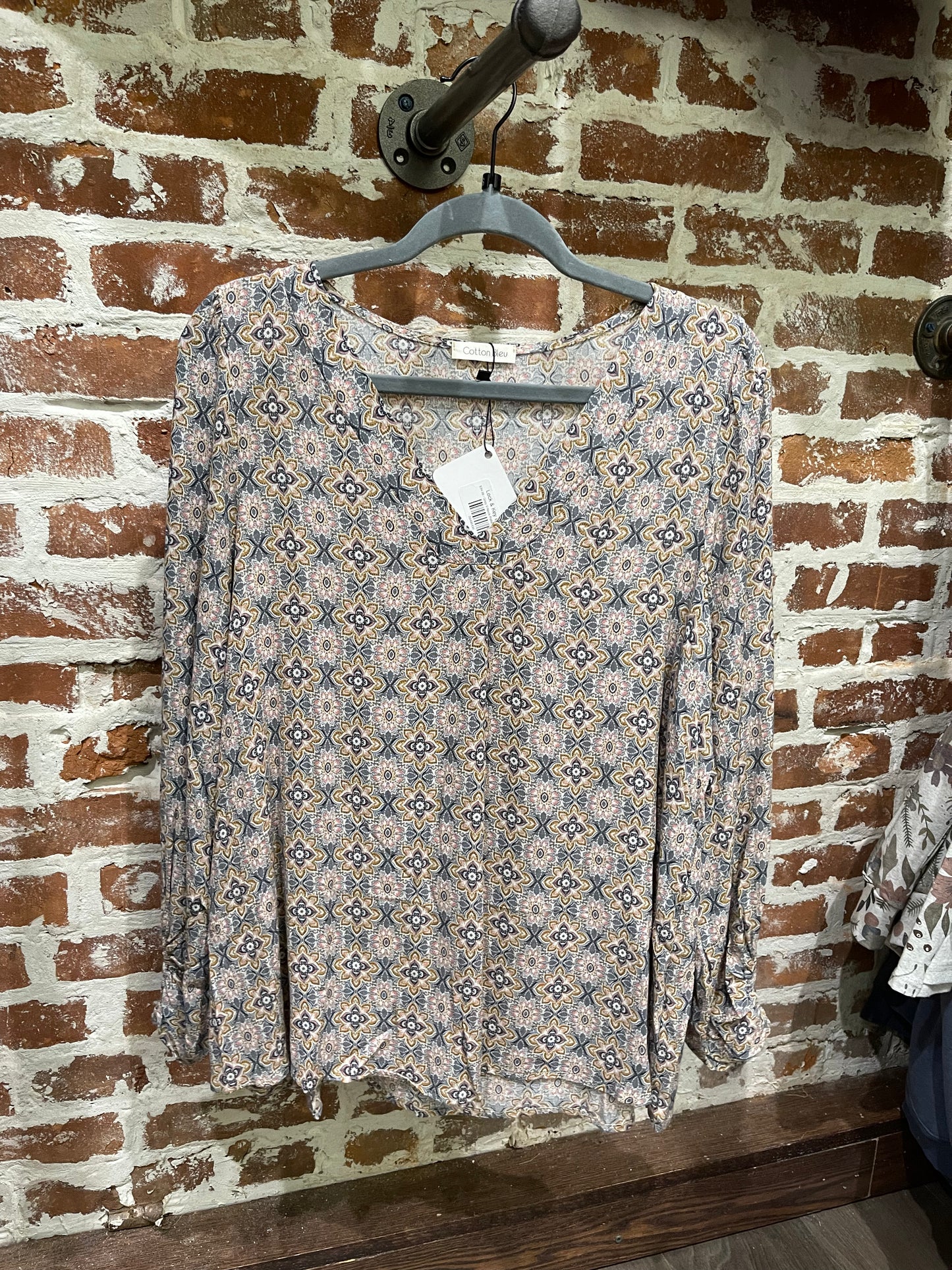 Grey V-Neck Patterned Blouse
