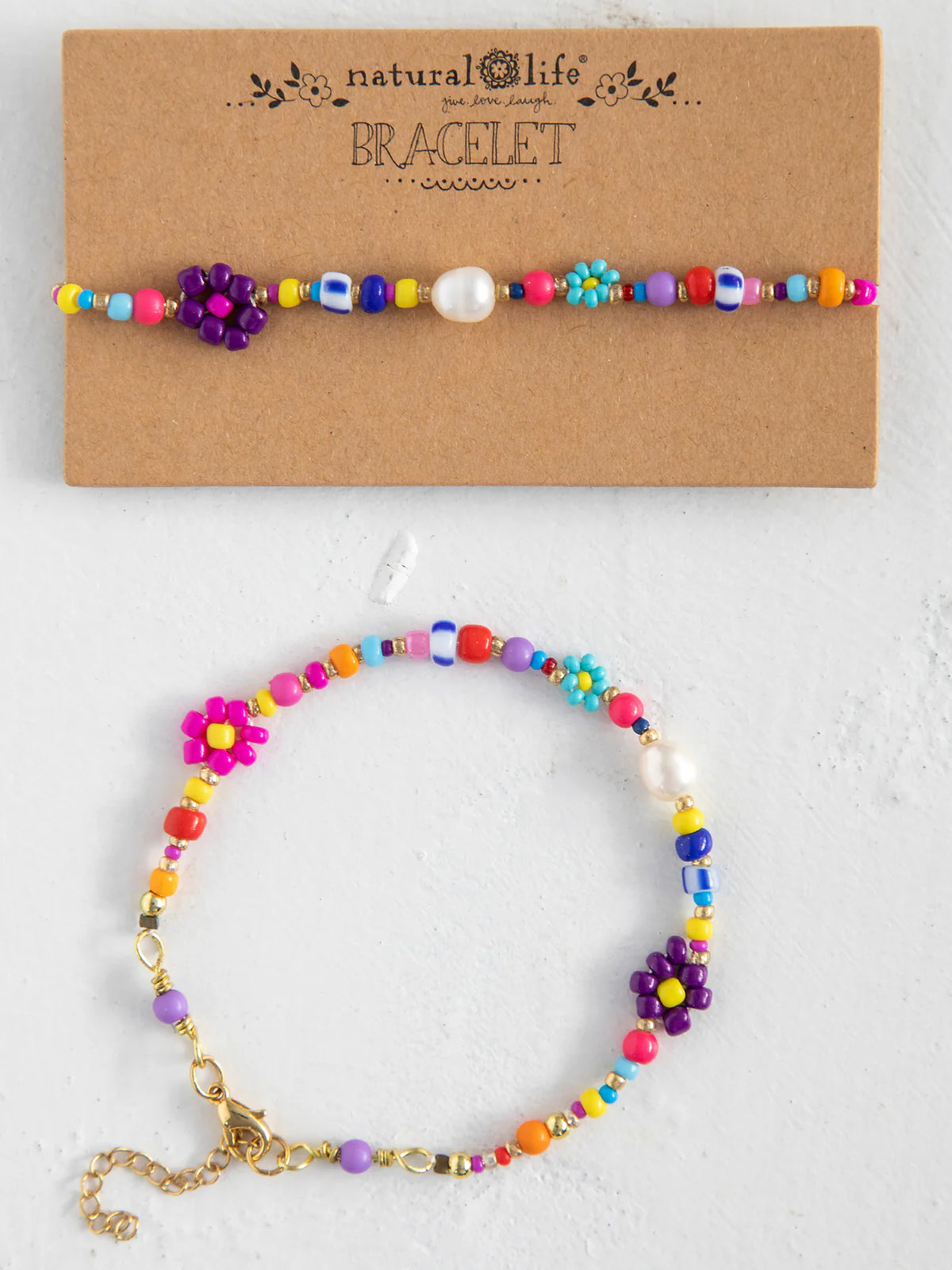 Natural Life - Boho Beaded Daisy & Pearl Bracelet