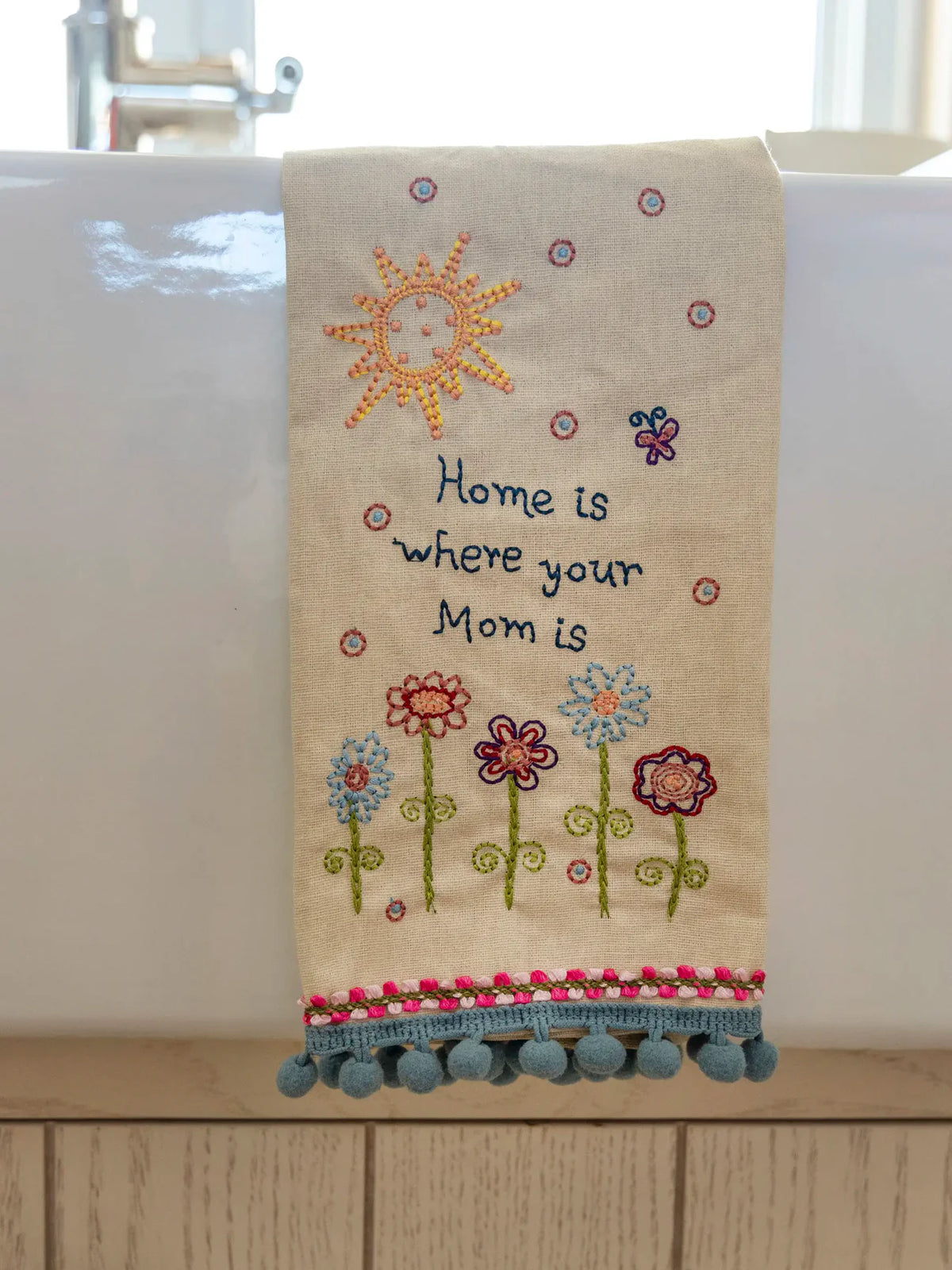 Natural Life - Linen Embroidered Hand Towel - Where Your Mom Is