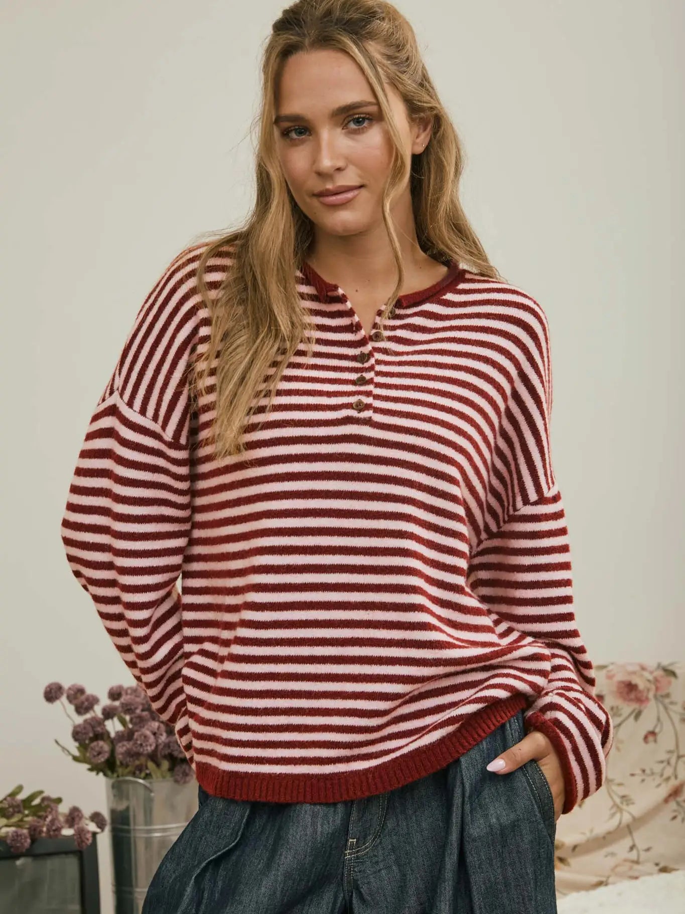 Henley Striped Sweater