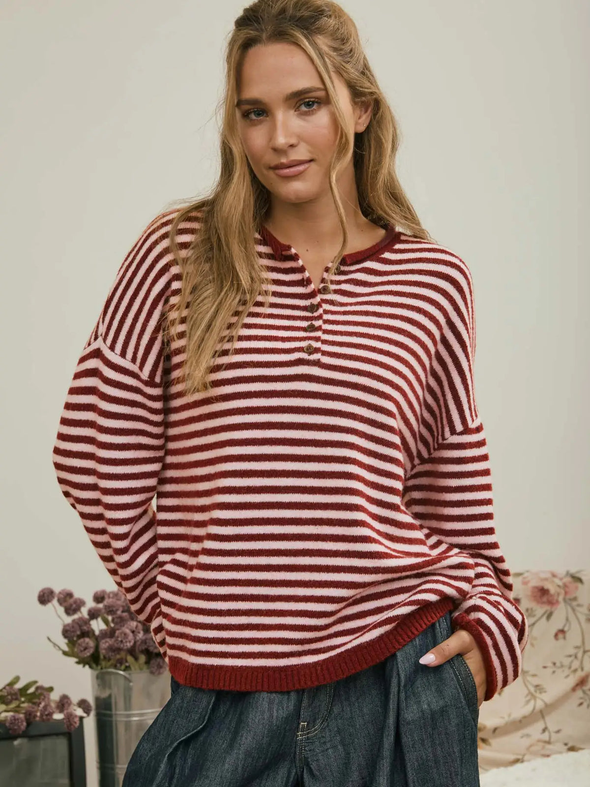 Henley Striped Sweater