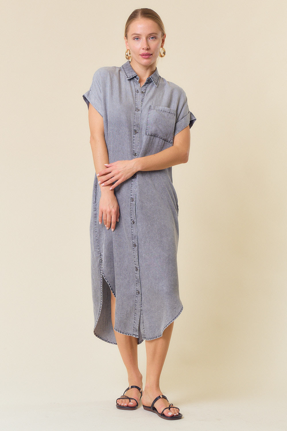 Short Sleeve Denim Midi Dress