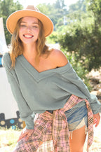 Waffle V-Neck Long Sleeve Top