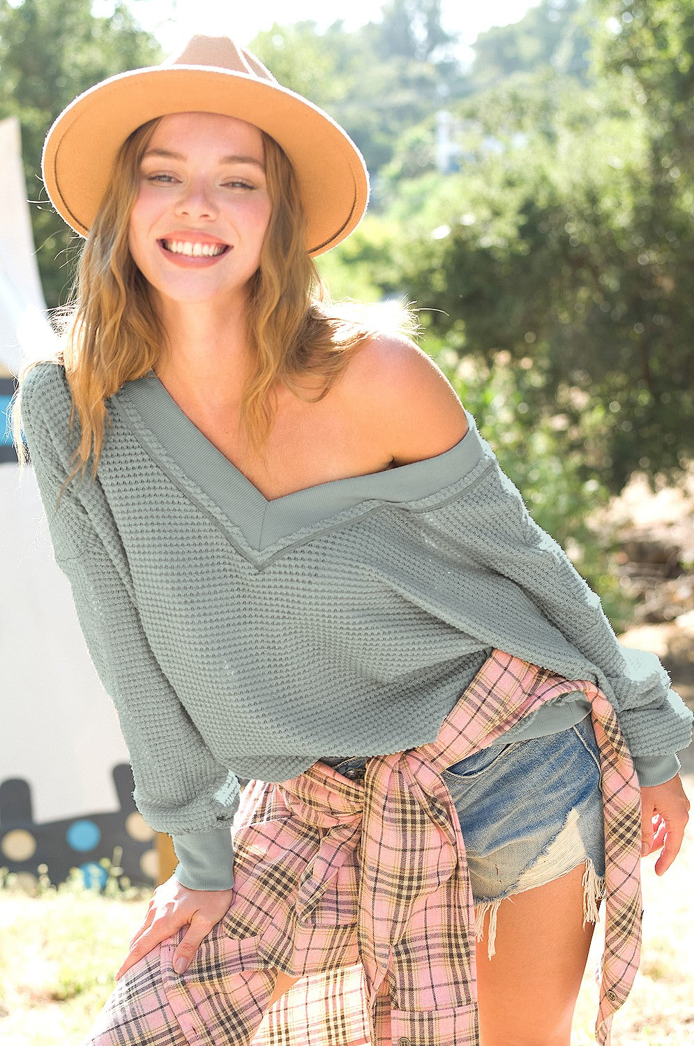 Waffle V-Neck Long Sleeve Top