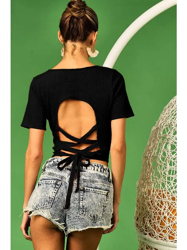 Ribbed Open Back Top - Black