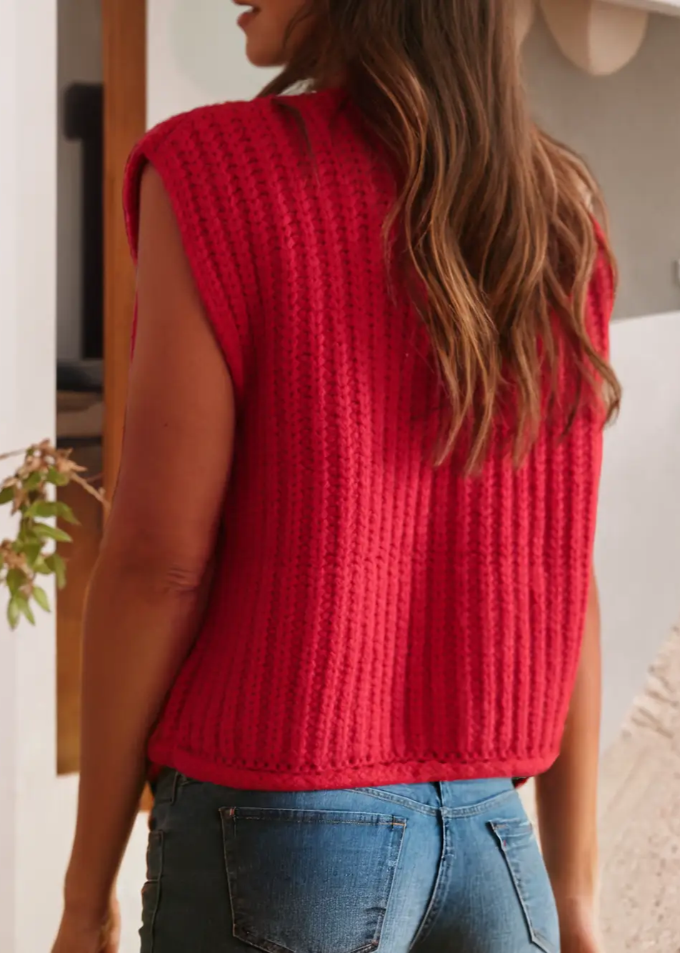 Red Knit Buttoned  Sweater Vest