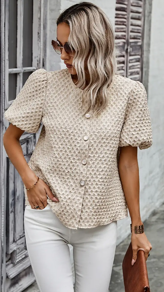 Textured Puff Sleeve Shirt w/button detail