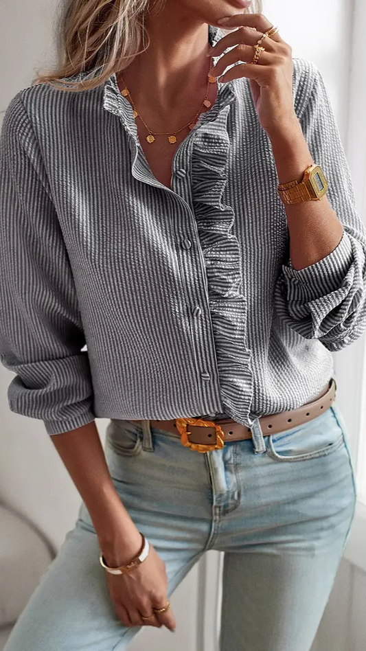 Striped Button Shirt w/ruffle detail