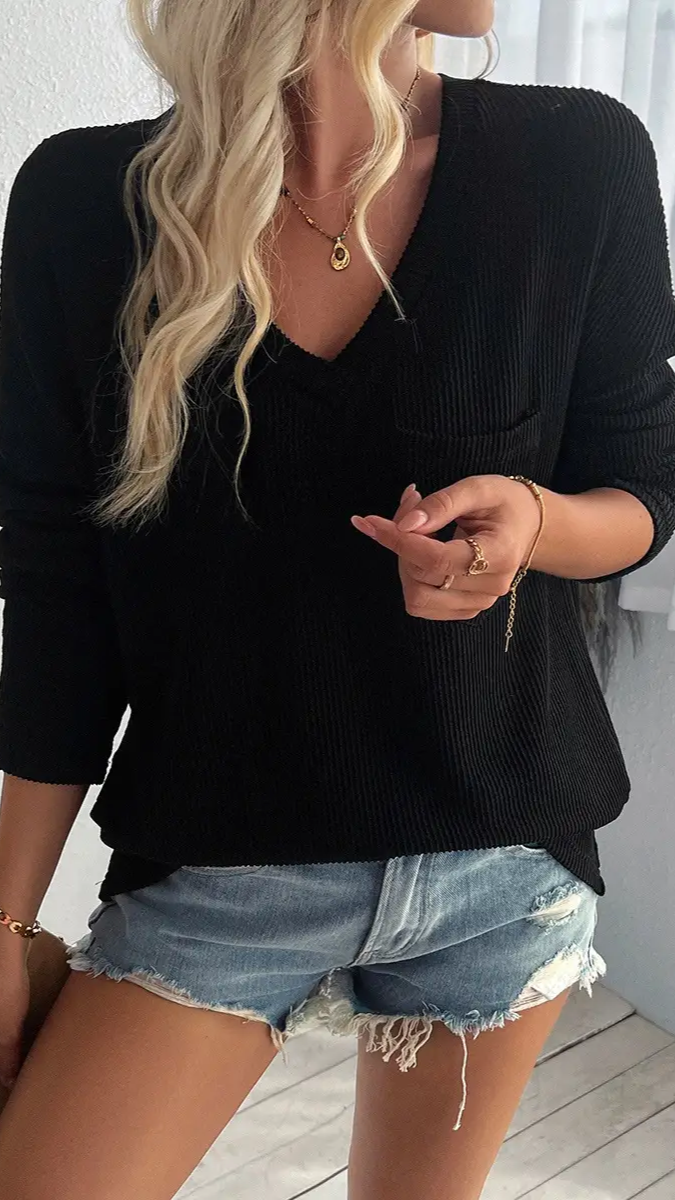 V-Neck Long Sleeve Ribbed Top