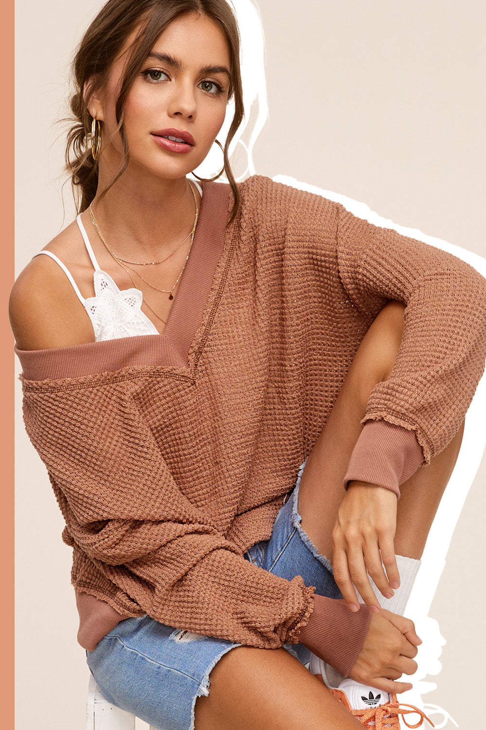 Waffle V-Neck Long Sleeve Top