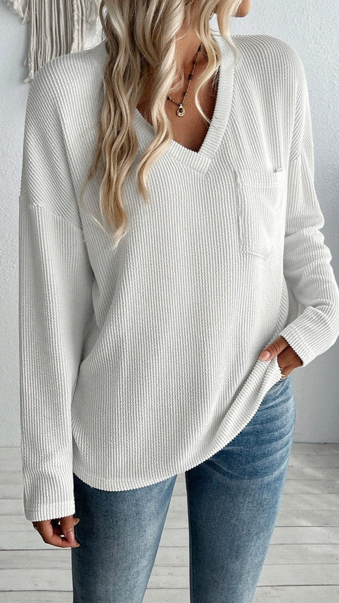 V-Neck Long Sleeve Ribbed Top