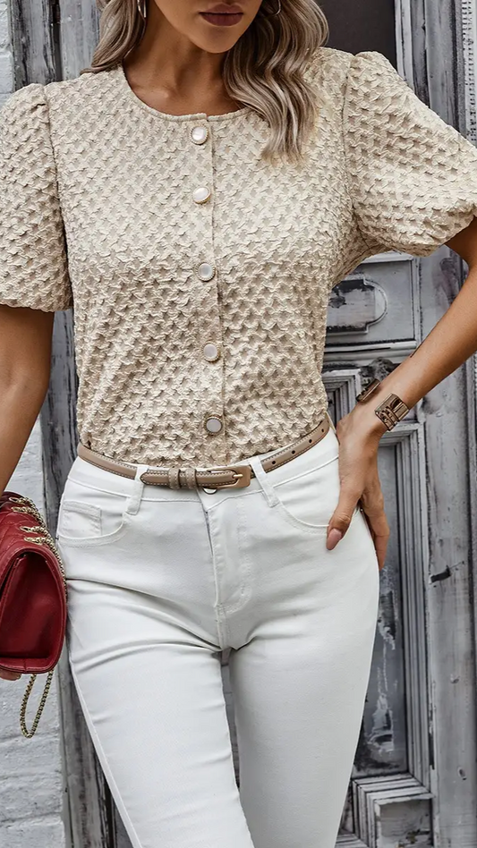 Textured Puff Sleeve Shirt w/button detail