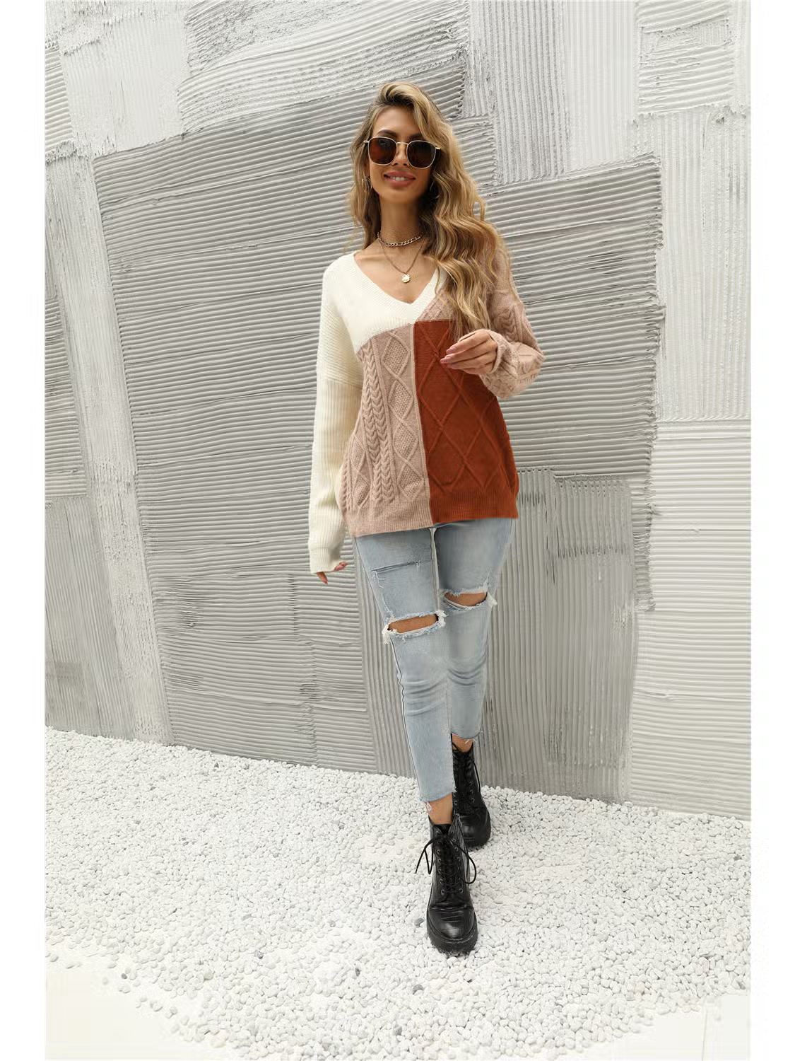 Cable Knit Color Block Sweater
