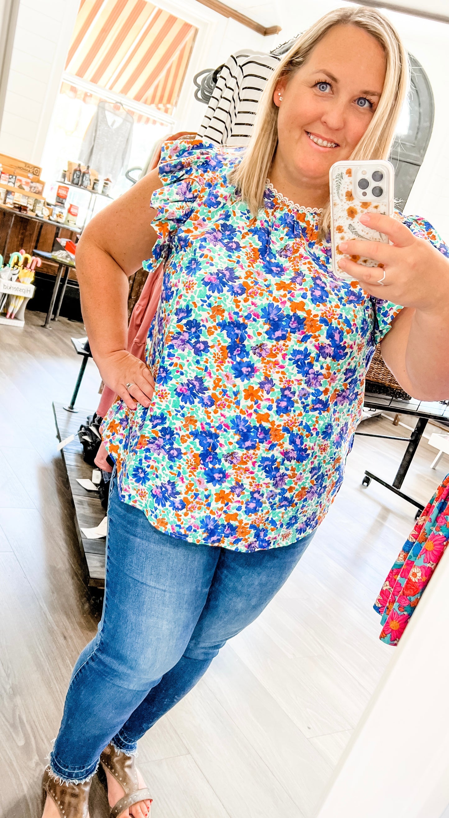 CURVY Multi-Floral Blouse with Lace Detail