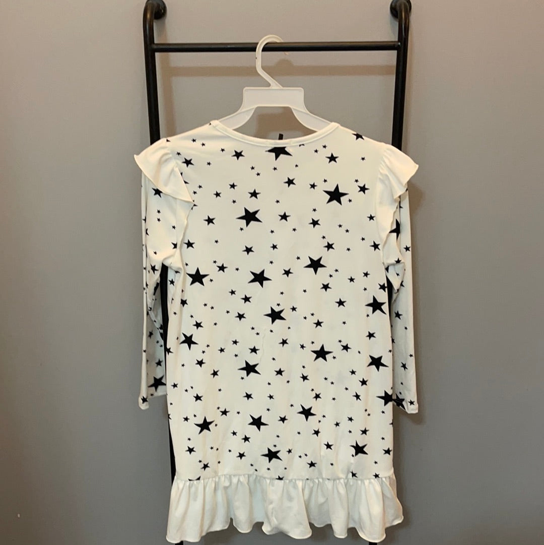 IVORY Ruffle shoulder & hem star print dress